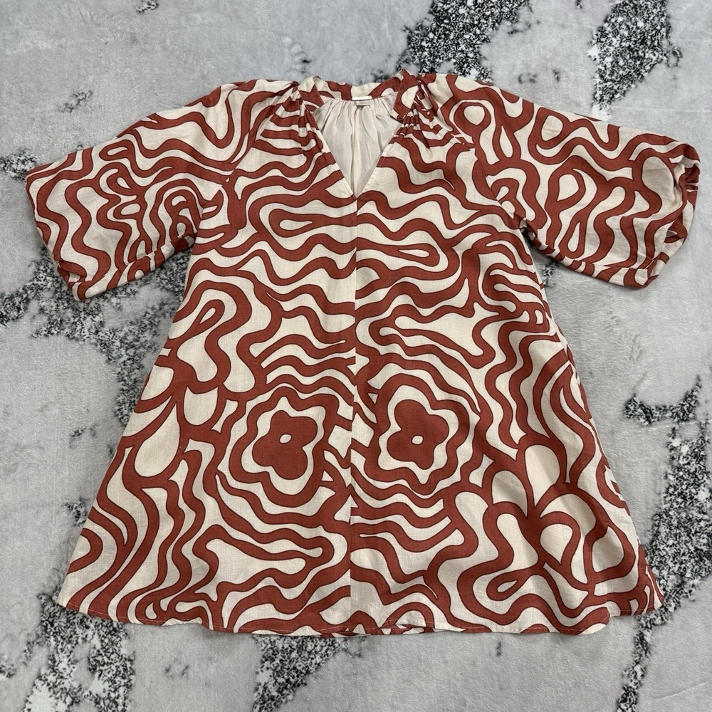 Magaschoni Linen Abstract Print Rust Cream Dress Womens Size SP Rust Cream Boho